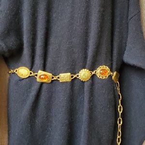 Vintage boho 1960s brass metal belt w/ faux amber